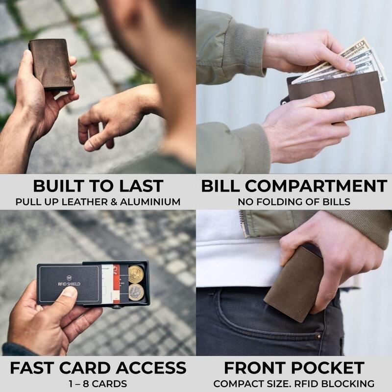 ZNAP Credit Card Holder with Money Clip - Aluminium Wallet with Coin Case - RFID Blocking - Slim Wallet Brown Vintage - Up to 4-8 Cards - Mens Card Wallet - Wallet by SLIMPURO - RFID Card Holders